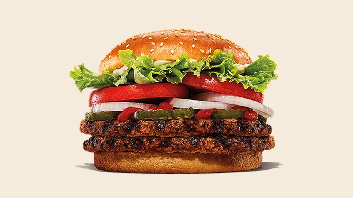 Officiële Burger King-productfoto van de Double Whopper met twee vlamgegrilde burgers, sla, tomaat en ui