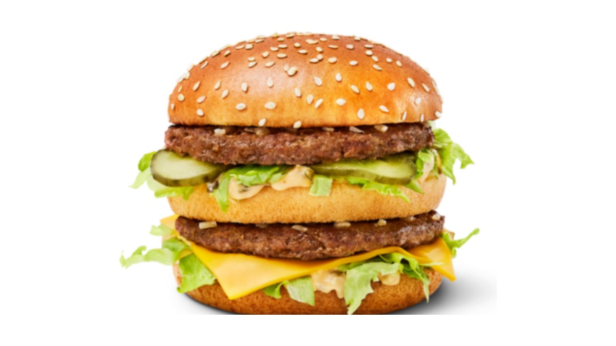 Officiële productfoto van de McDonald's Big Mac met twee burgers, sla, kaas, augurk en sesambroodje