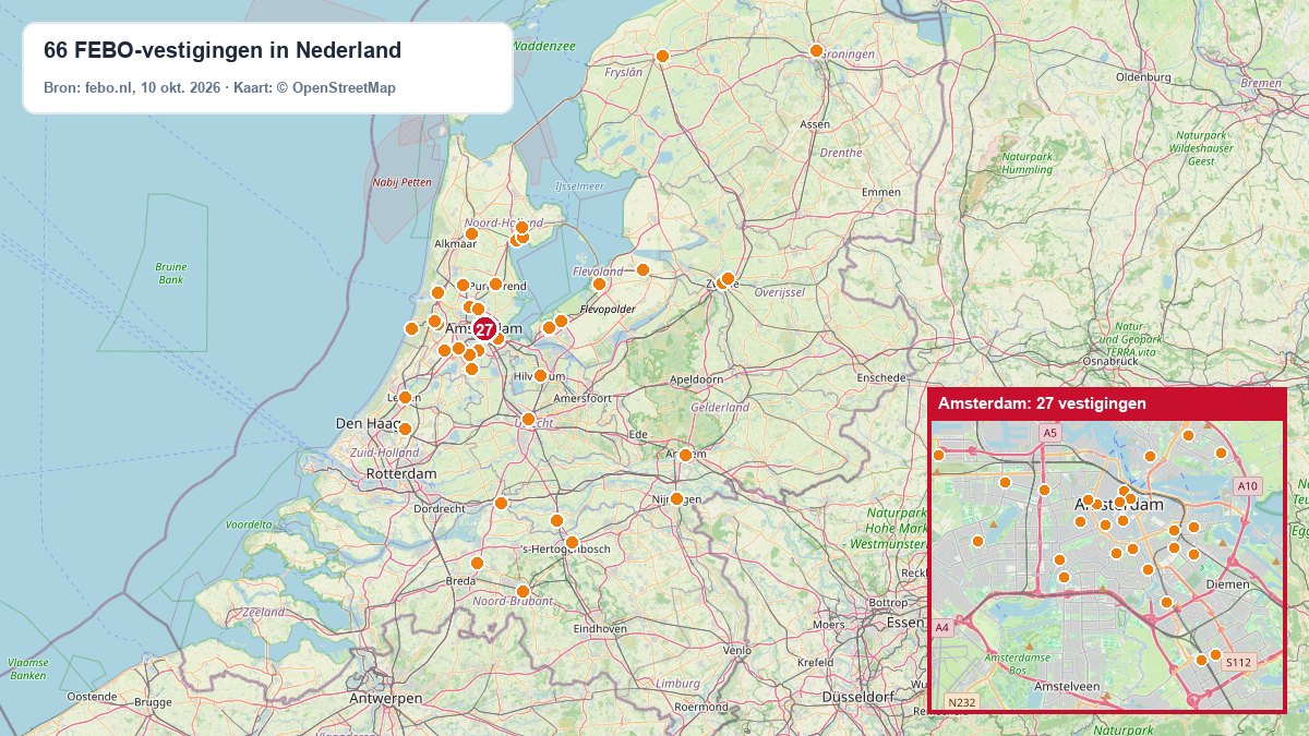 Kaart van Nederland met de 66 FEBO-vestigingen als oranje stippen, met een uitvergroting van de 27 vestigingen in Amsterdam